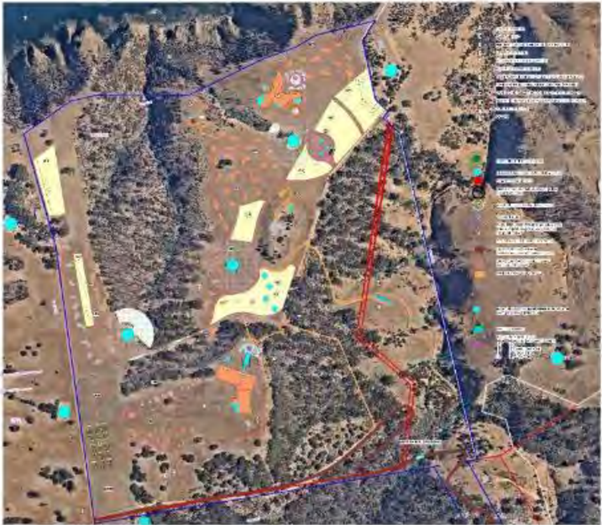 A detailed map of a landscape showing terrain features, color-coded zones, and various annotations including lines, symbols, and labels.