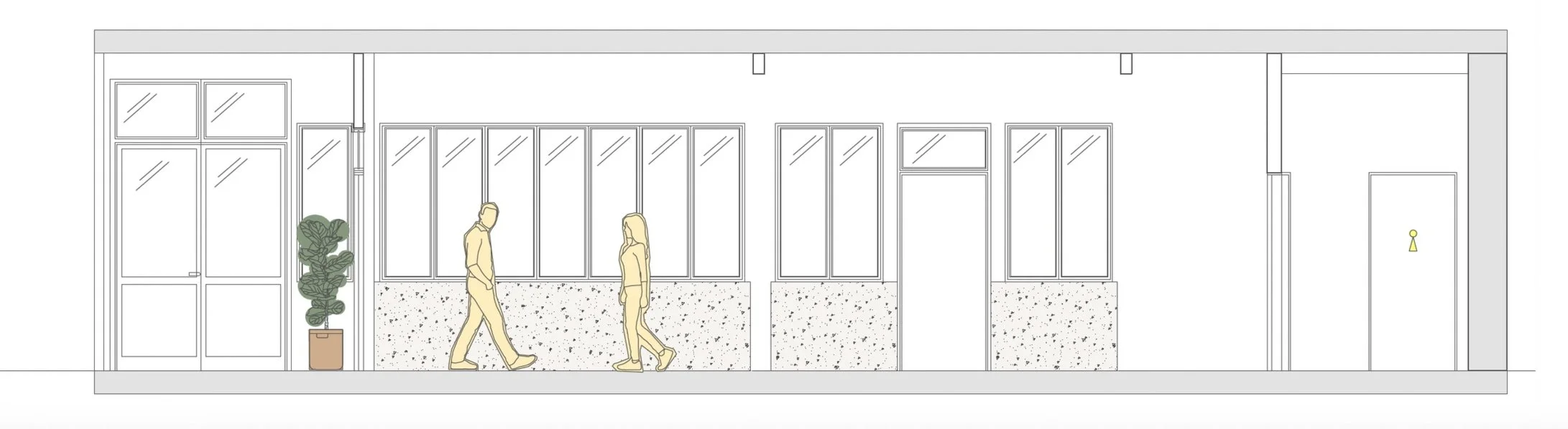 Section 3.

The main hallway, both separating and bridging the two rooms. The windows lets the natural light through the space. Acoustic panels cover the wall under the window, improving the soundscape in the hallway covered in mostly hard materials.