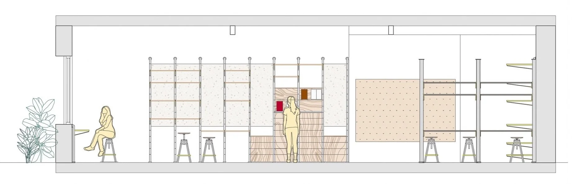 Section 2

Showcases the shelving system with the library and recycling. On the right, a big pinboard and a collaboration area is by the entrance to the model reserve.