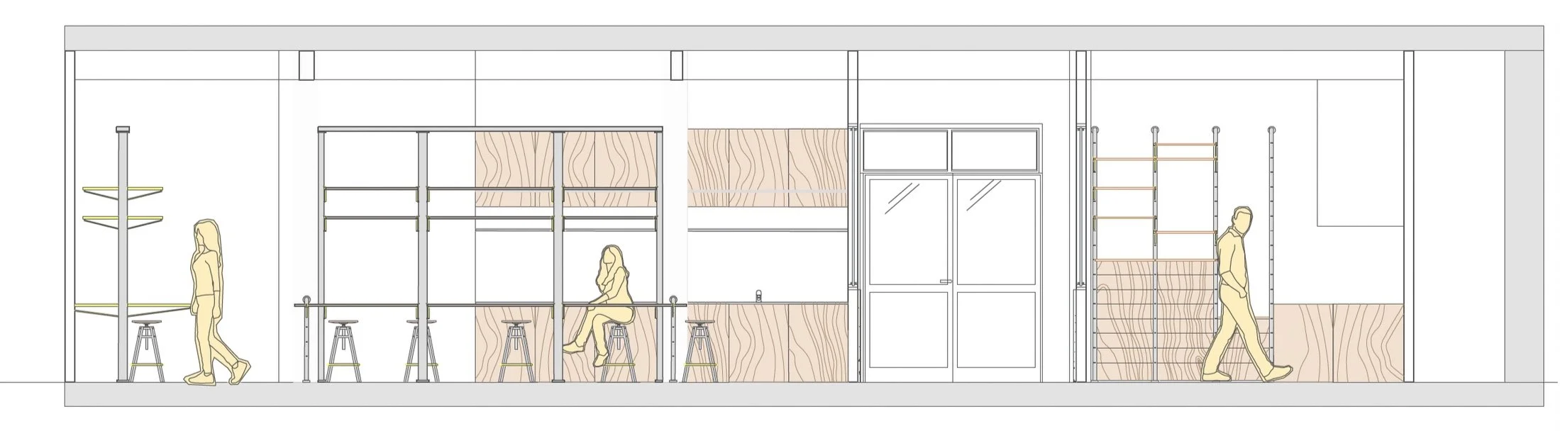 Section 1.

 Showcases the two separate spaces separated by the main hallway. On the left, the larger room which houses the workareas, while the right holds the material reserve and the macinery.