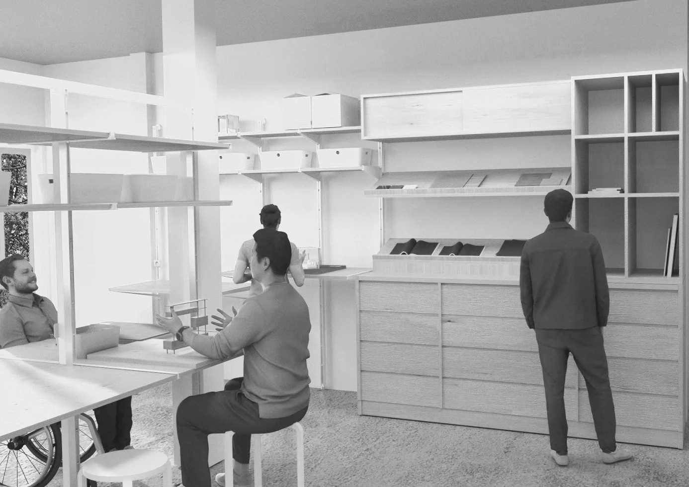 The shelves can be set at different heights, allowing for both standing and sitting desks. The library would store miniatures available for students to use to decorate their models.