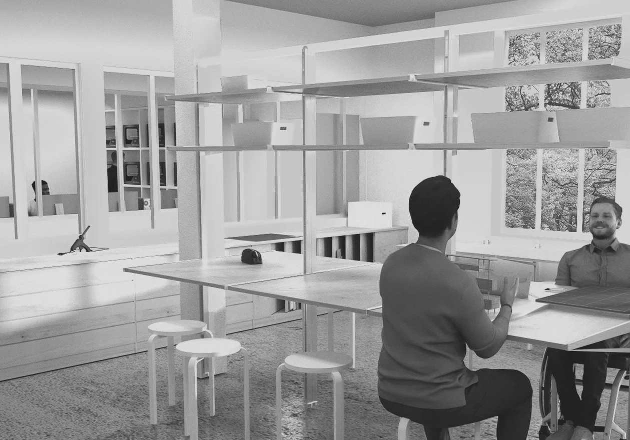 The large windows in the hallways allows the natural light to reach through the two spaces in the workshop, as well as bridge the gap between the two separate spaces.