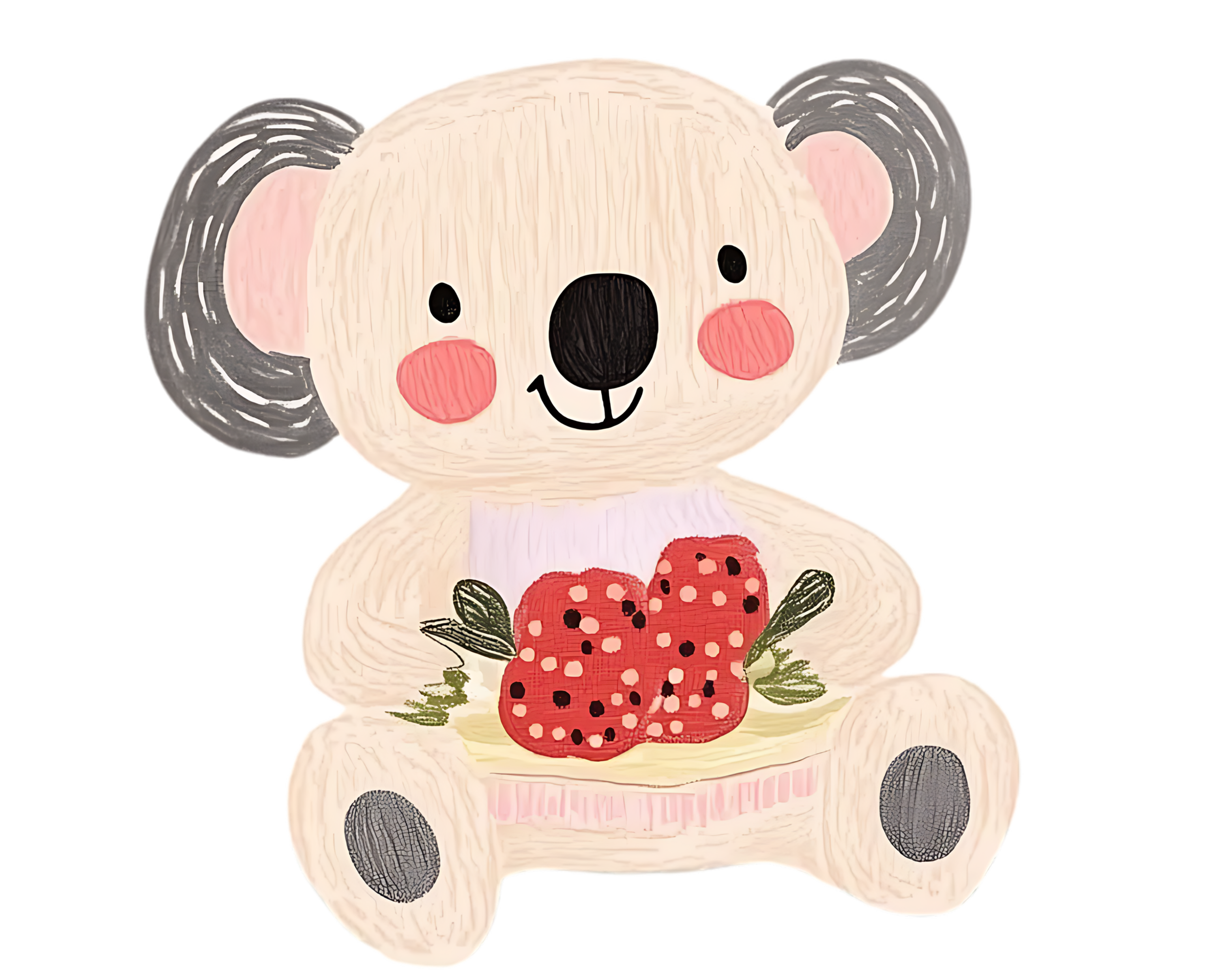 Cute koala plush with pink cheeks, large black nose, holding a plate with strawberries and leaves.