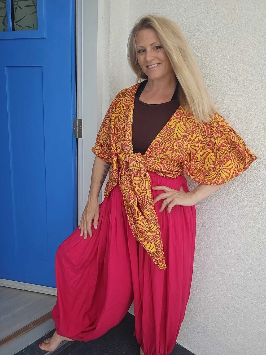 Daisy Celestial Recycled Silk Wrap Top - front tied - Barefoot Life.jpeg