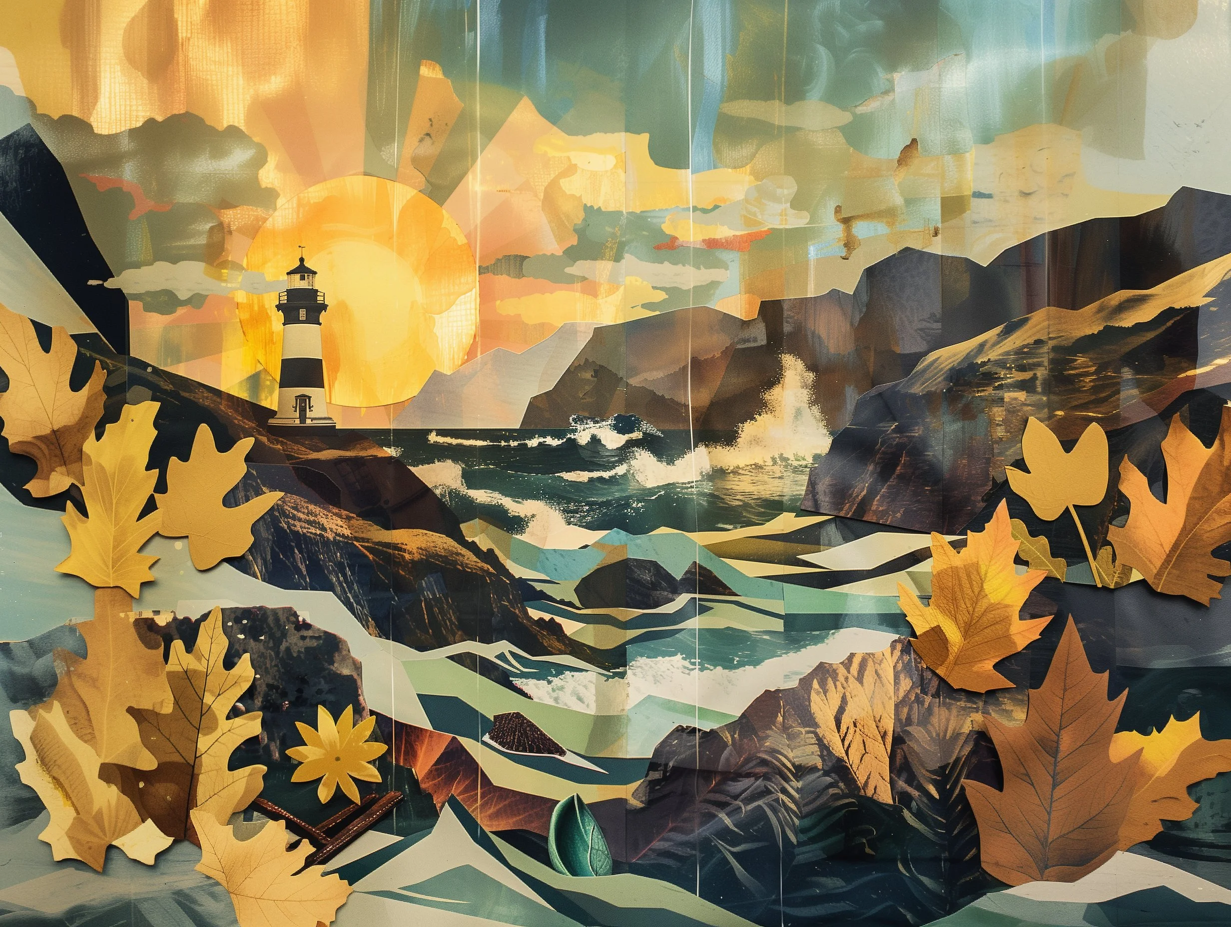 Collage artwork of a coastal landscape with lighthouse, ocean waves, mountains, and autumn leaves.