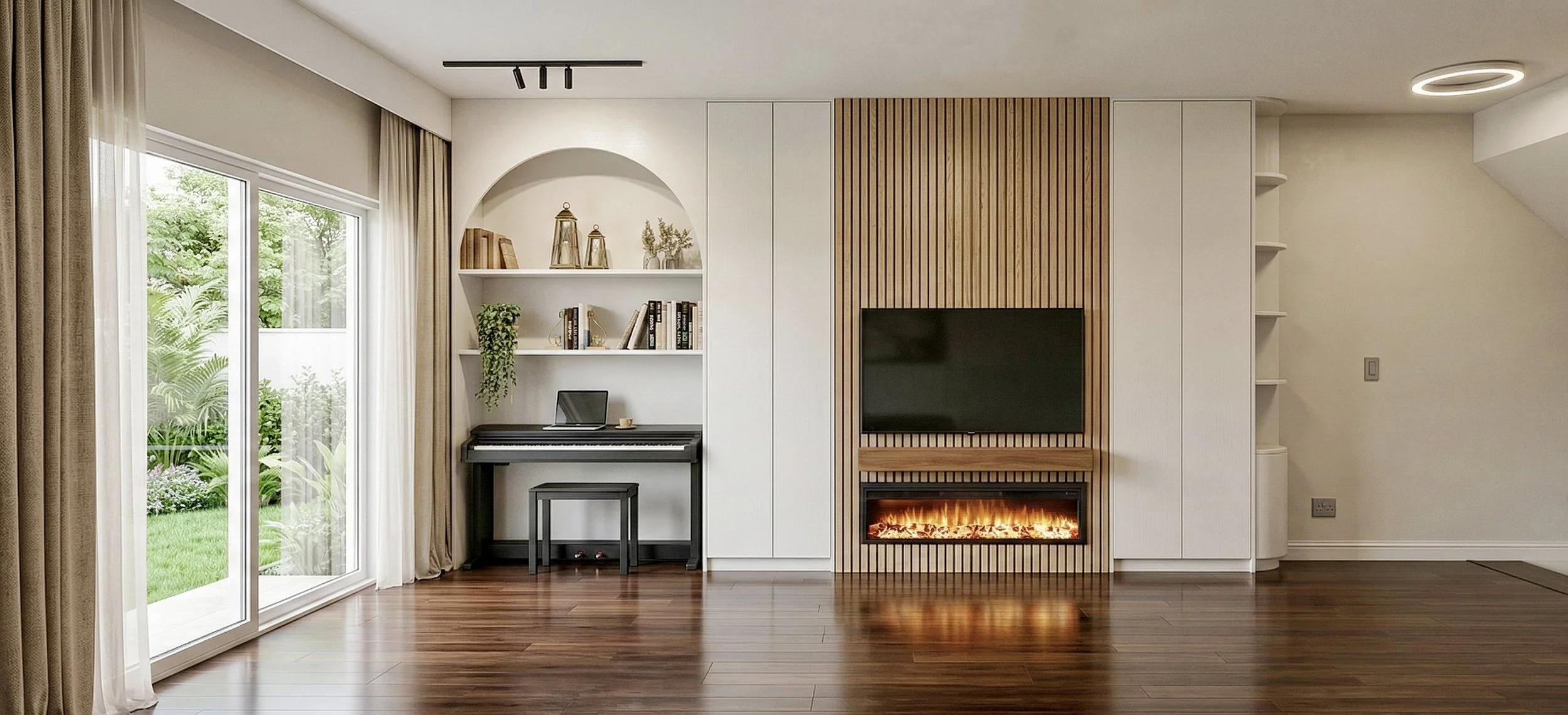 Modern living room with sliding glass door, white and wood-paneled wall, digital piano with a stool, and a fireplace with a TV mounted above. Natural light streams in from outside.