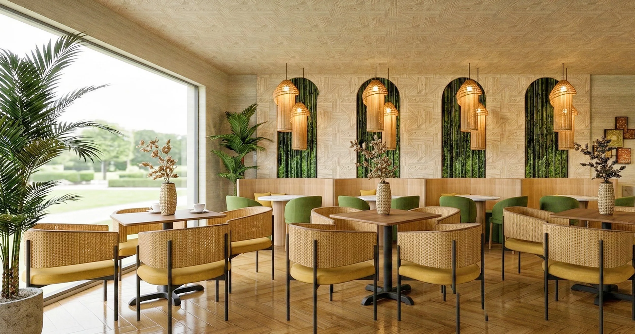 A modern dining area with wooden tables, green and rattan chairs, and decorative vases with branches. Large window with a view of greenery outside, and stylish hanging wicker light fixtures. The wall decor includes green foliage murals and framed art
