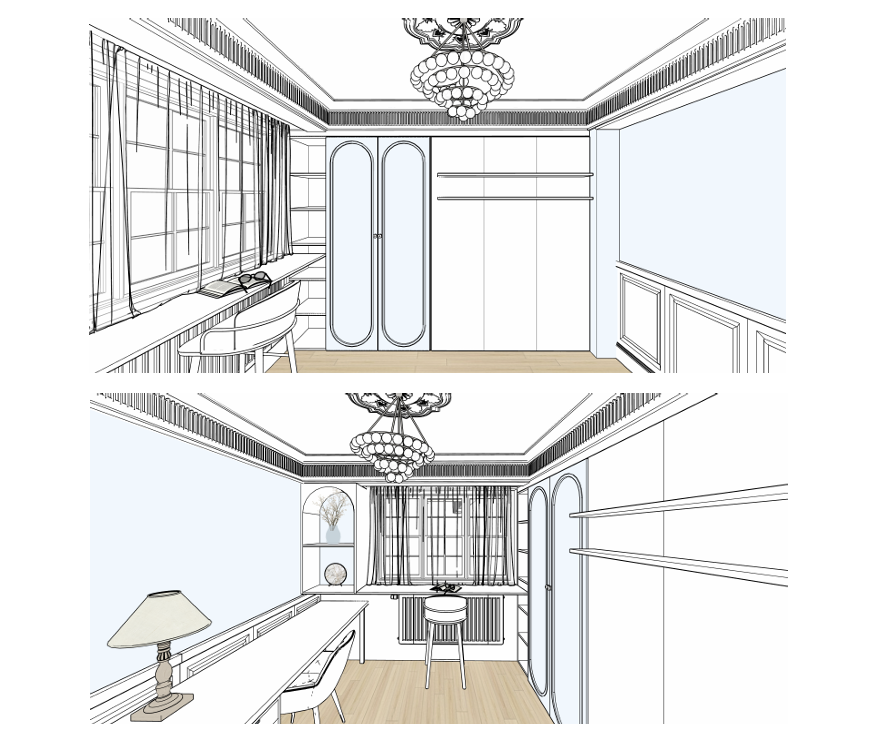 Interior design sketches of a home office featuring large windows, curtains, a desk with a chair, a wardrobe, shelving, a decorative chandelier, and classical wall paneling.