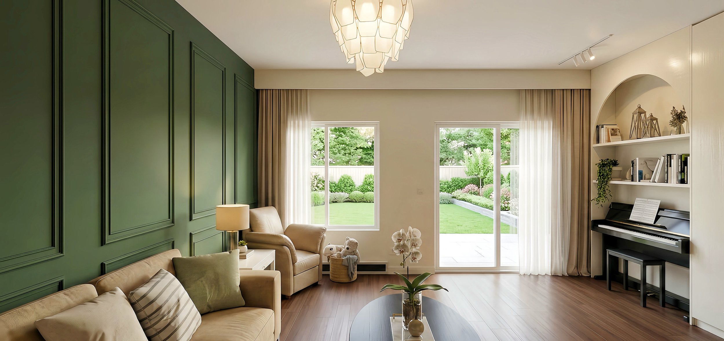 Living room with green accent wall, beige sofa with pillows, armchair, coffee table with potted orchid, built-in shelves with books and decor, piano, large windows with curtains, sliding door leading to a garden with greenery.