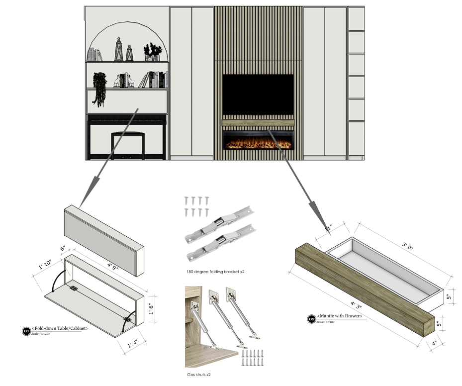 A diagram of a built-in entertainment center with a fireplace, bookshelf, and cabinetry. Includes components such as a fold-down table, mantel with drawer, gas struts, folding brackets, and screws.