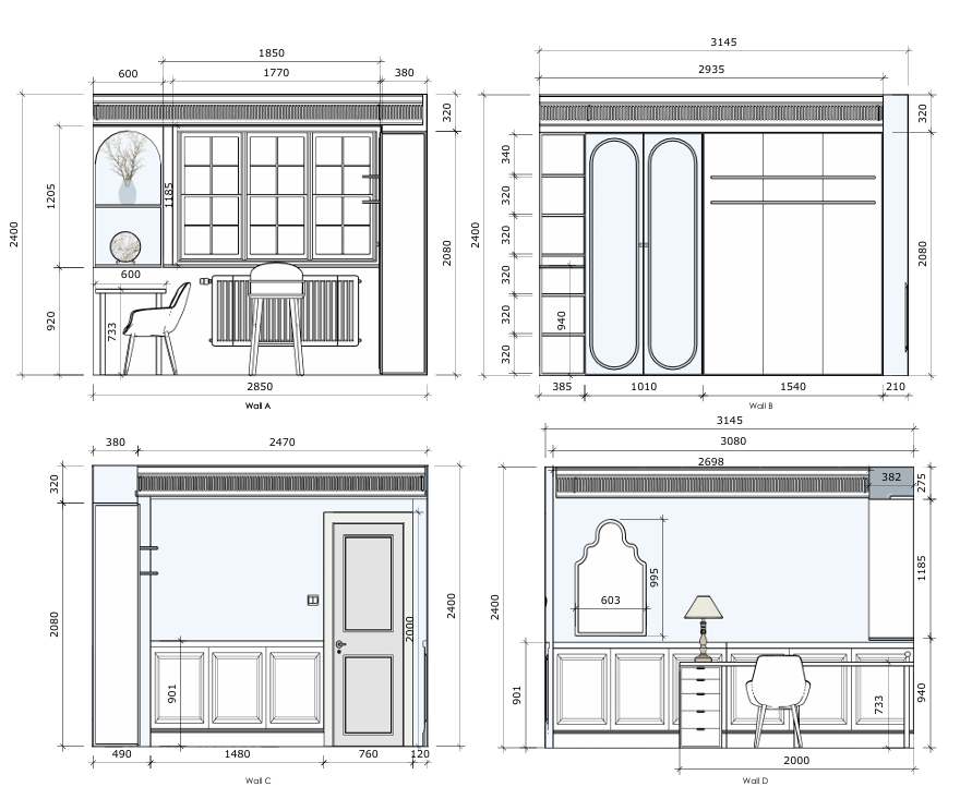 Architectural blueprint of a room interior design with dimensions labeled, illustrations of furnishings including a chair, table, cabinet, and decorative mirror.