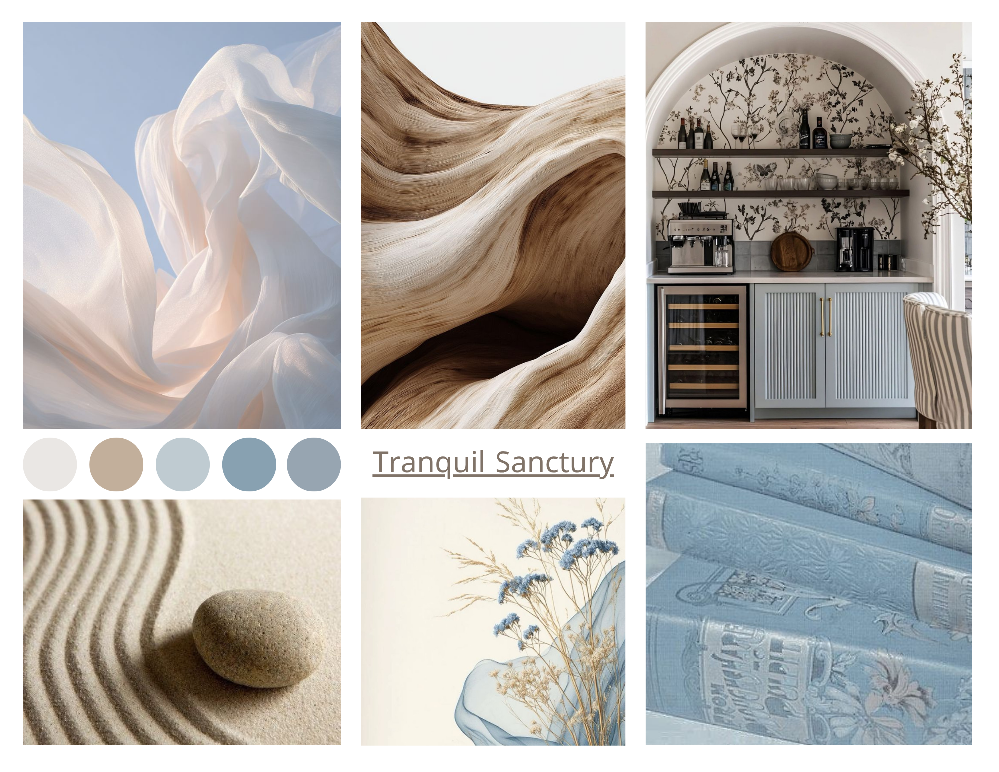 A mood board with soft neutral colors, natural textures, and calming elements. Includes images of white and beige fabric or petals, a wooden swirl pattern, a cafe or bar interior with shelves, a stone on sand with raked patterns, dried flowers, and b