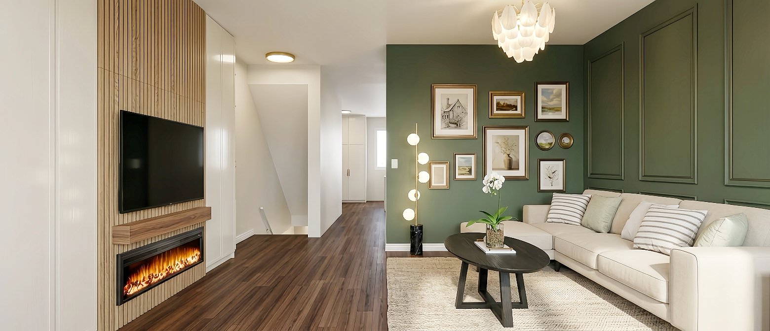 Living room with a fireplace, wall-mounted TV, green accent wall with framed artwork, white sofa with striped throw pillows, black coffee table, and decorative floor lamp.
