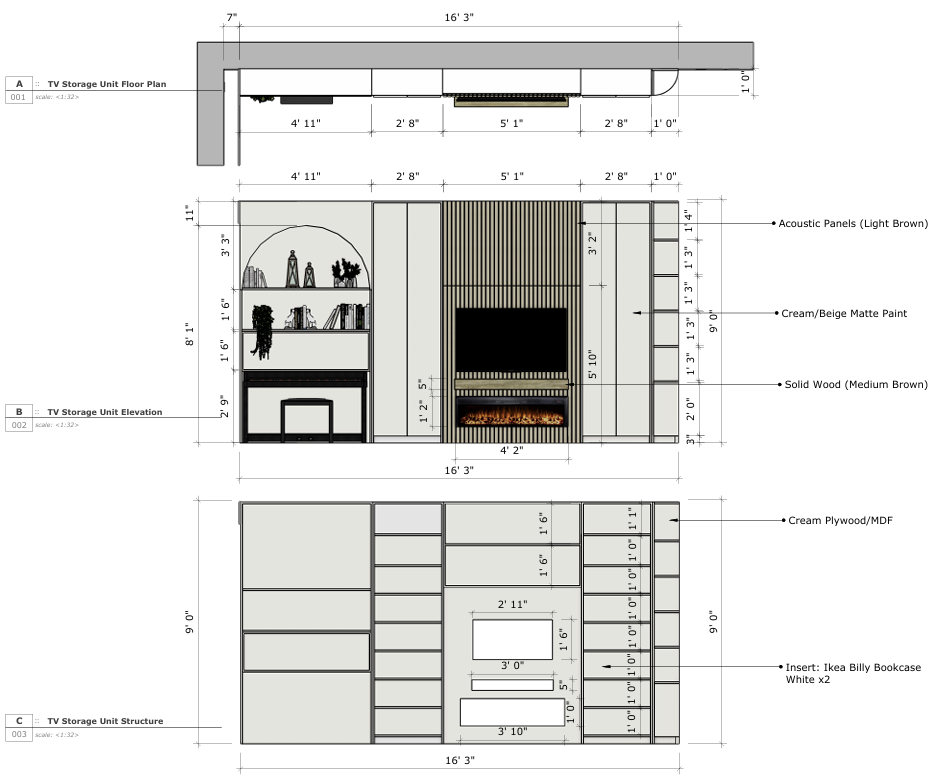 Architectural blueprint of a TV storage unit floor plan and elevation, showing dimensions and materials such as acoustic panels, matte paint, solid wood, and MDF, with shelves, cabinets, a fireplace, and integrated bookcases.