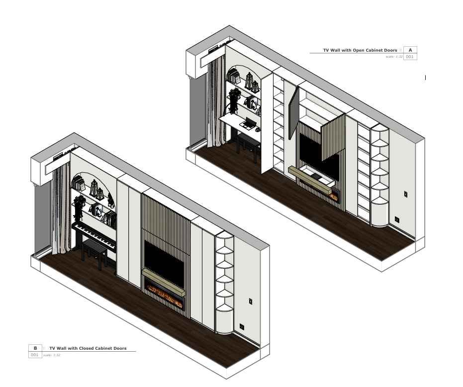 Design plan for a living room with a TV wall, open and closed cabinet doors, a fireplace, and a workspace with a desk and shelves.