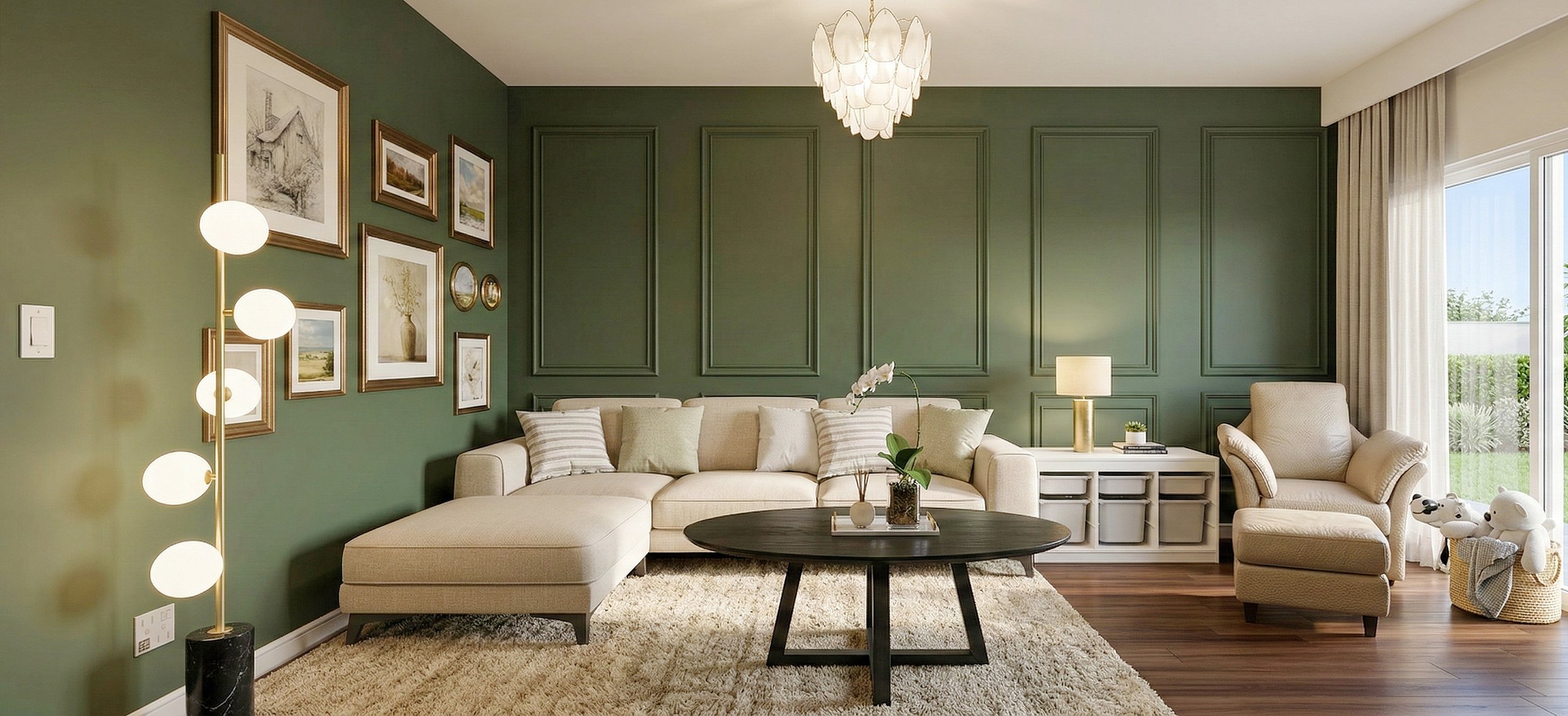 Living room with green wall, beige sectional sofa, armchair, coffee table, wall art, floor lamp, table lamp, sliding glass door with curtains, and plush rug.