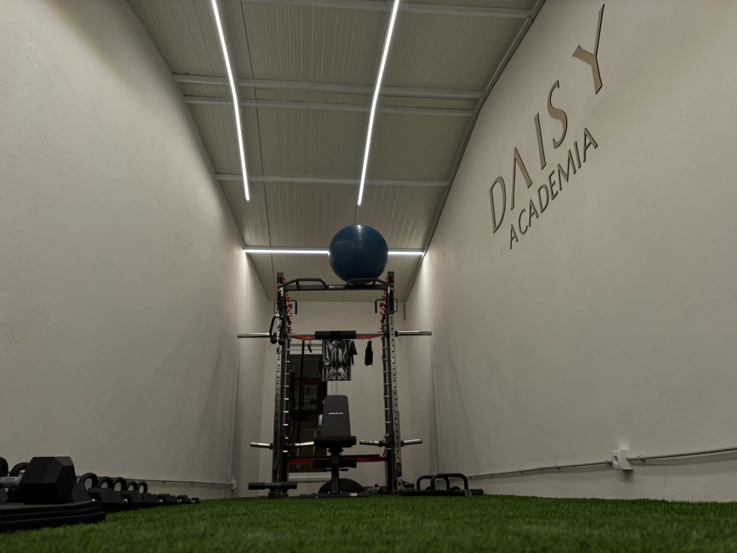 Sala de treinamento com academia, contendo um banco de musculação, kettlebells, uma bola de Pilates azul e uma estrutura de exercícios, com paredes brancas e piso de grama artificial.