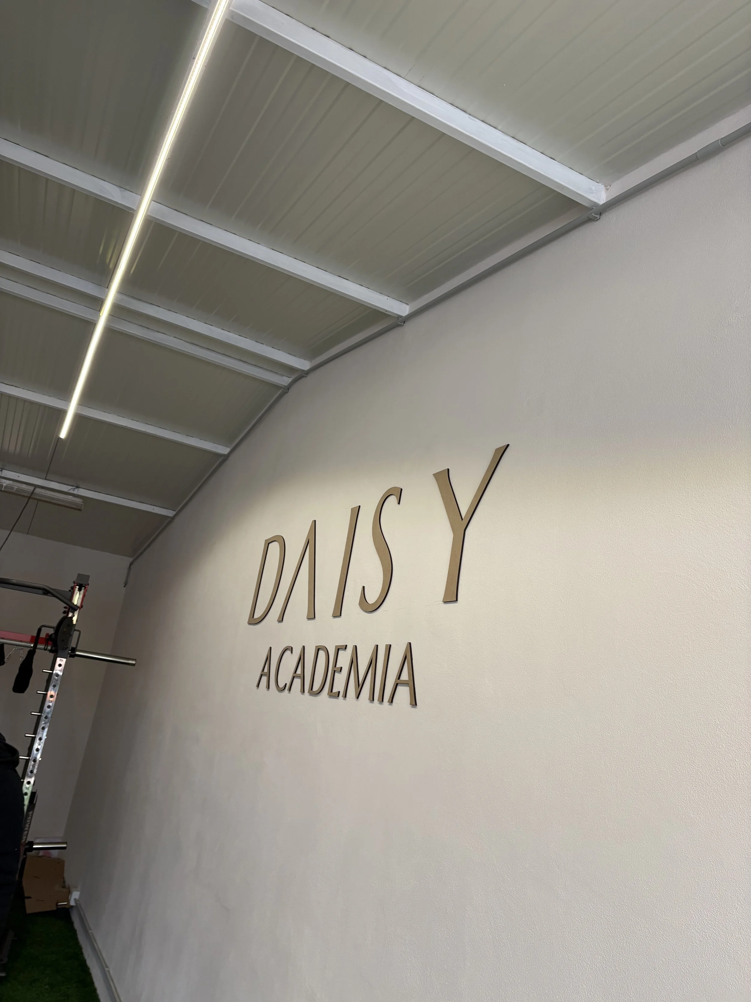 Parede branca com letras de metal formando a palavra 'DAISY' e a palavra 'ACADEMIA' abaixo, dentro de uma academia