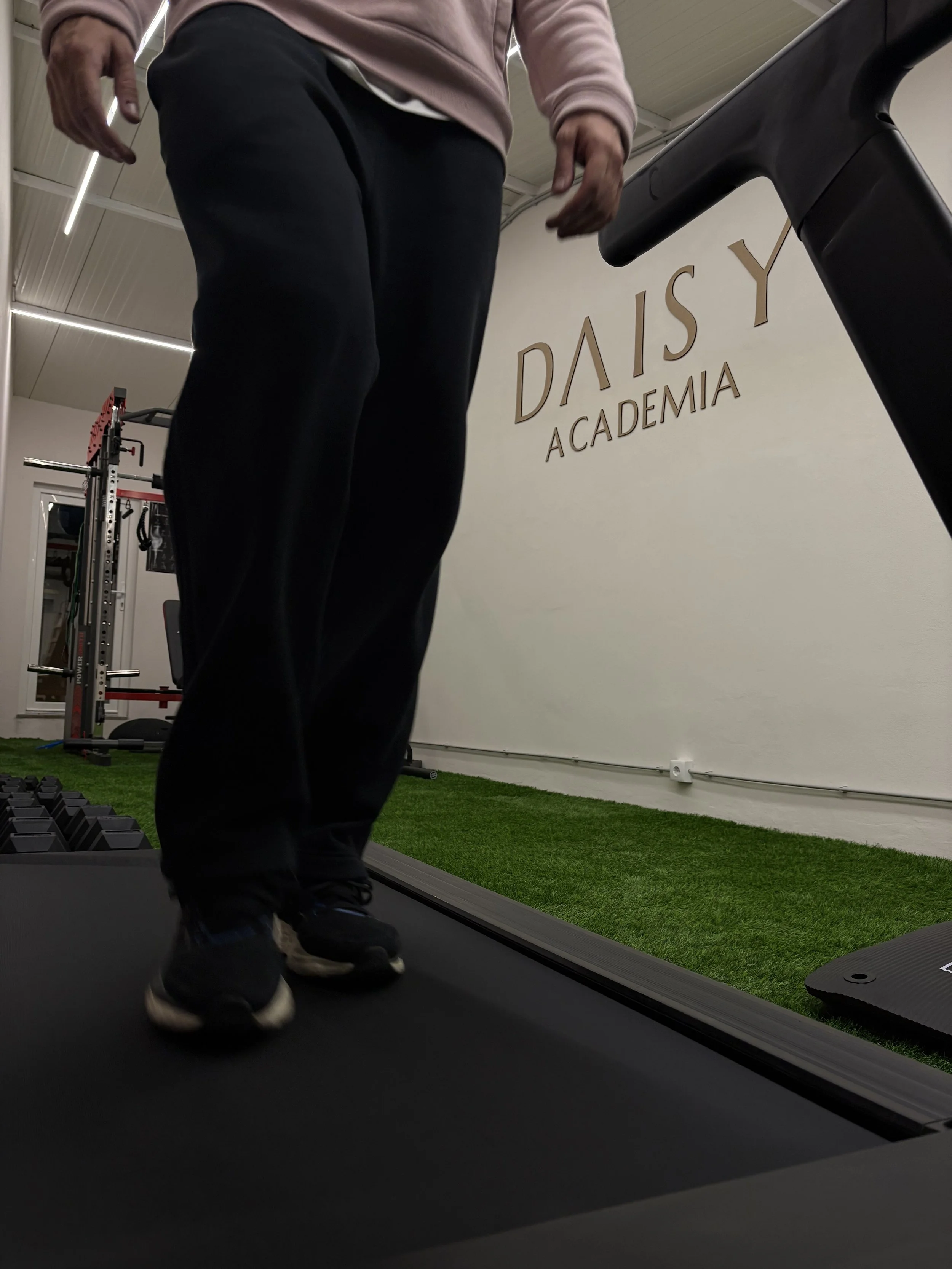Pessoa caminhando na esteira na academia Daisy, com piso de grama artificial e equipamentos de treino ao fundo.