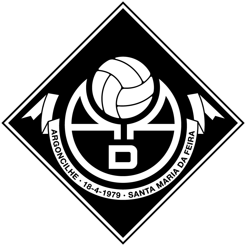 Logotipo preto e branco da Associação Brasileira de Ginástica, com uma bola de vôlei e uma bandeira, e o texto 'ARGONCILHE 18-4-1979 SANTA MARIA DA FEIRA' ao redor.