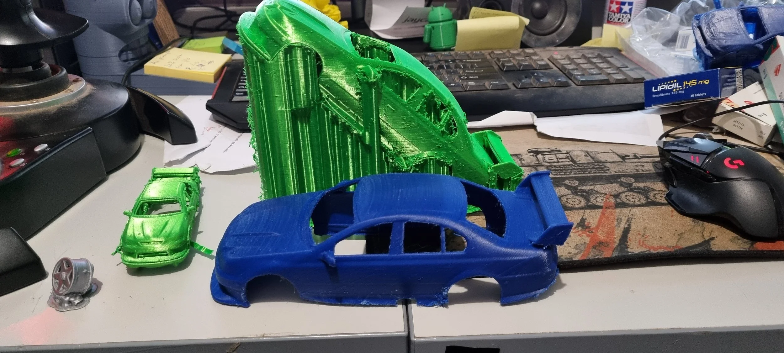 Ba xr8 with race body kit (blue is  the prototype 1:24 scale the Green before breaking the supports and starting the clean up 