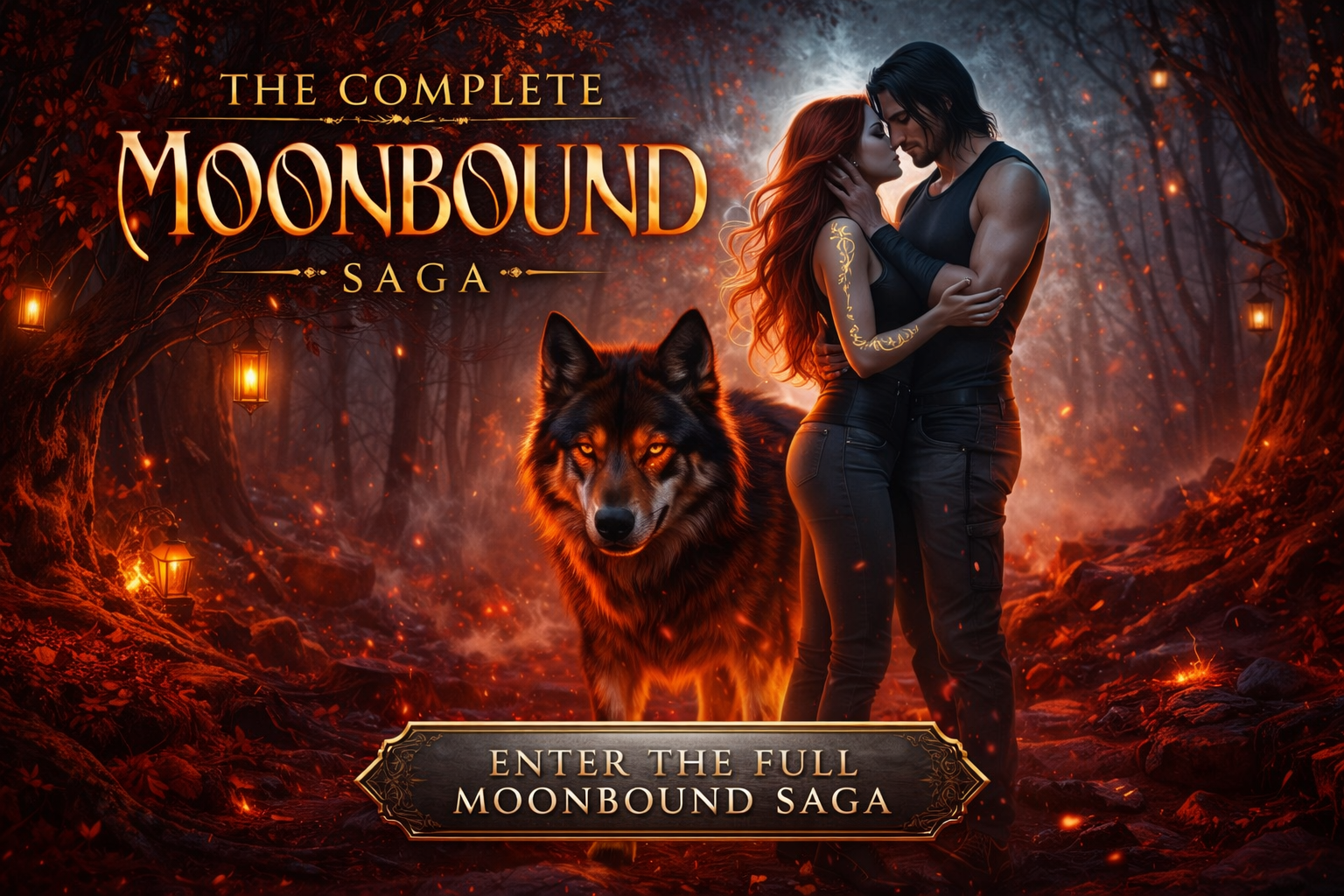 Fantasy book cover featuring a romantic couple embracing in a fiery forest, a large wolf, and glowing lanterns, with text promoting the Moonbound Saga.