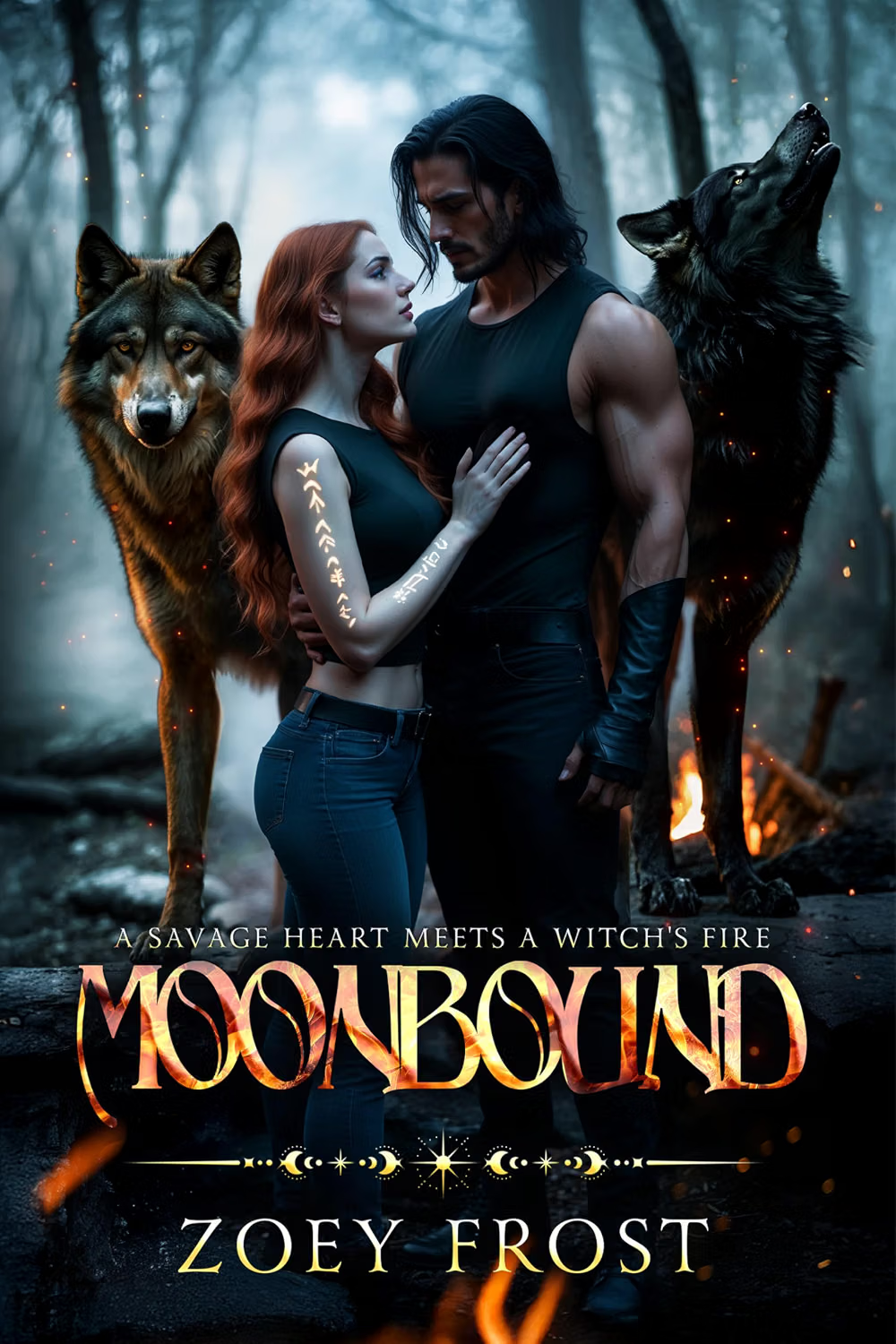 Moonbound by Zoey Frost, featuring a red-haired witch, a dark-haired man, and two wolves.