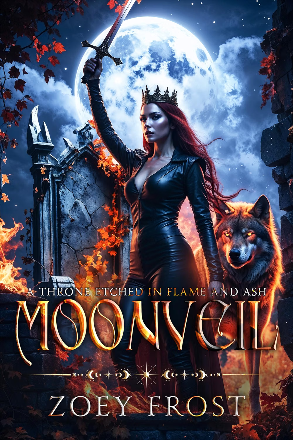 Moonveil by Zoey Frost, featuring a crowned red-haired woman with a sword, a wolf, and a moon.