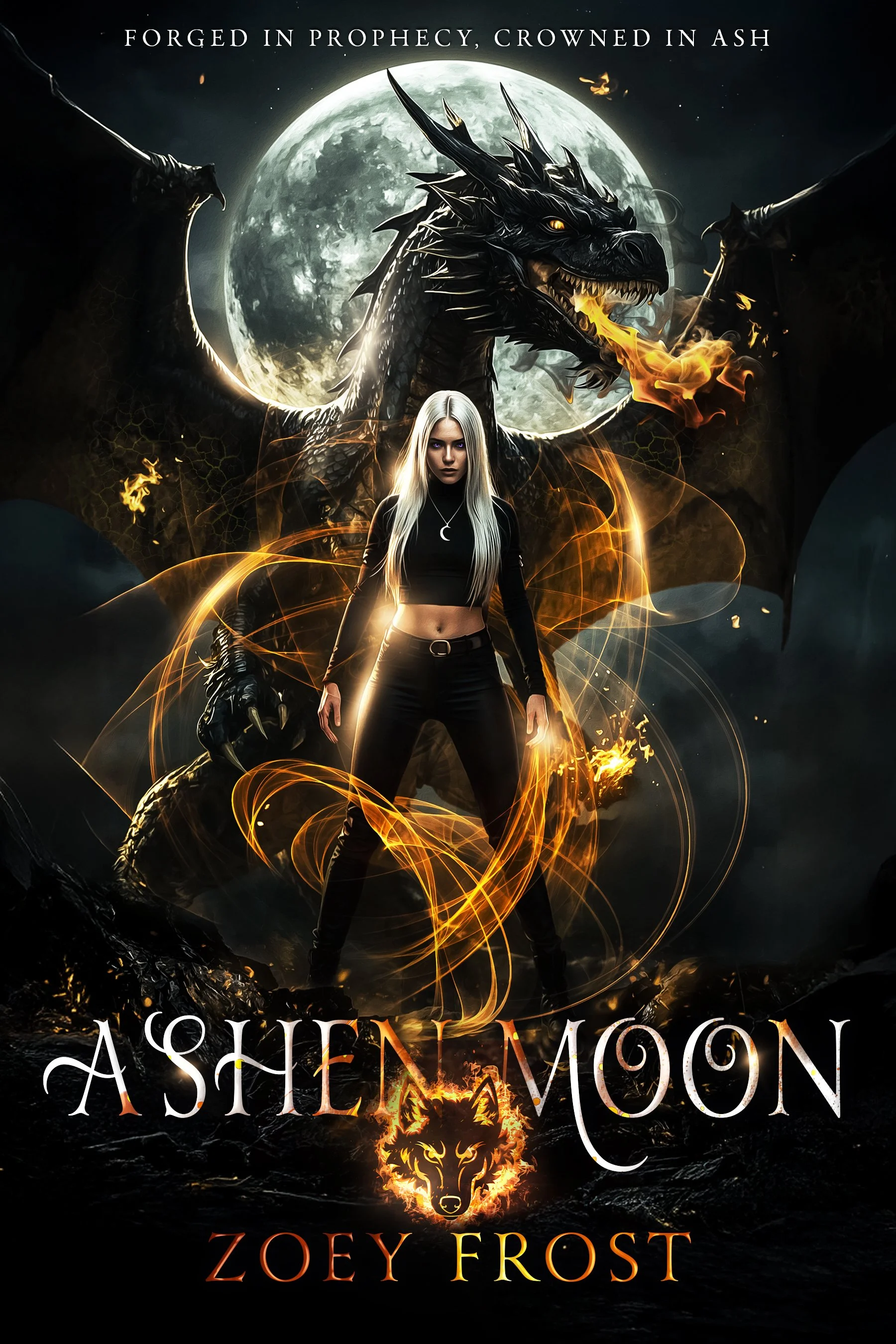 Ashen Moon by Zoey Frost, featuring a silver-haired woman, a dragon, and a full moon.