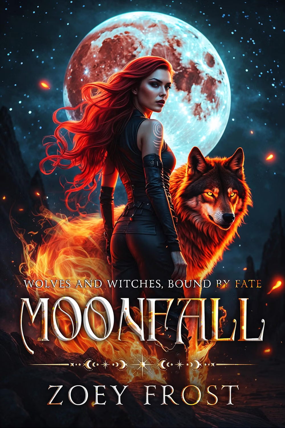 Moonfall by Zoey Frost, featuring a red-haired woman, a fiery wolf, and a moon.