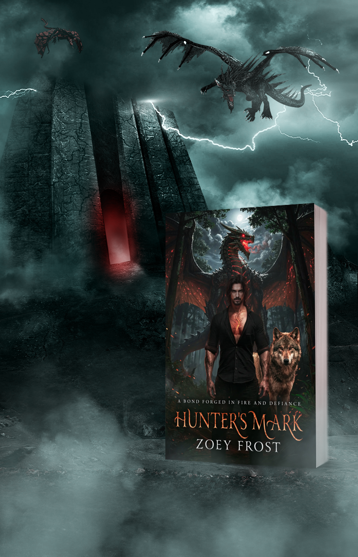 Book cover titled "Hunter's Mark" by Zoey Frost, depicting a man with scars on his chest and a wolf at his side, with a dragon behind him, set in a dark forest with a stormy sky.