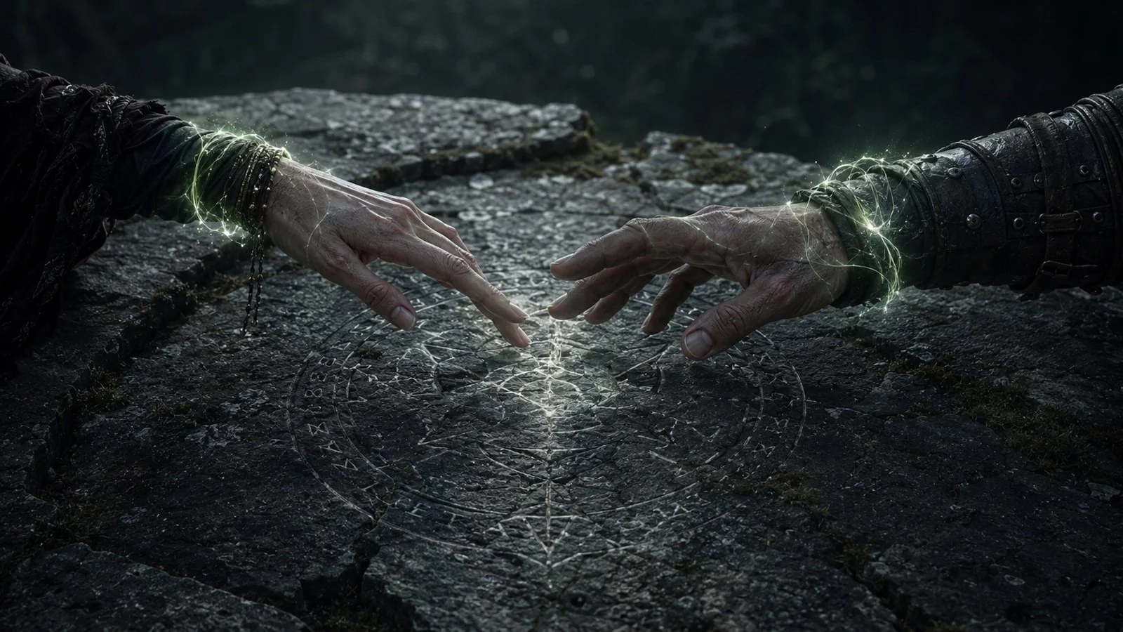 Two battle-worn hands meeting above an ancient silver sigil carved into weathered rock.