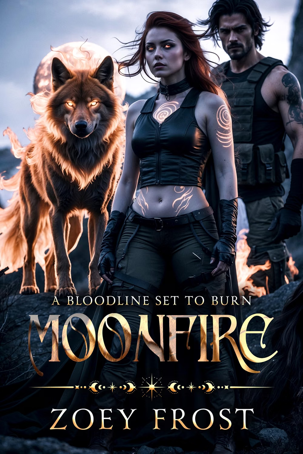 Moonfire by Zoey Frost, featuring a red-haired witch, a dark-haired man, and a fiery wolf.