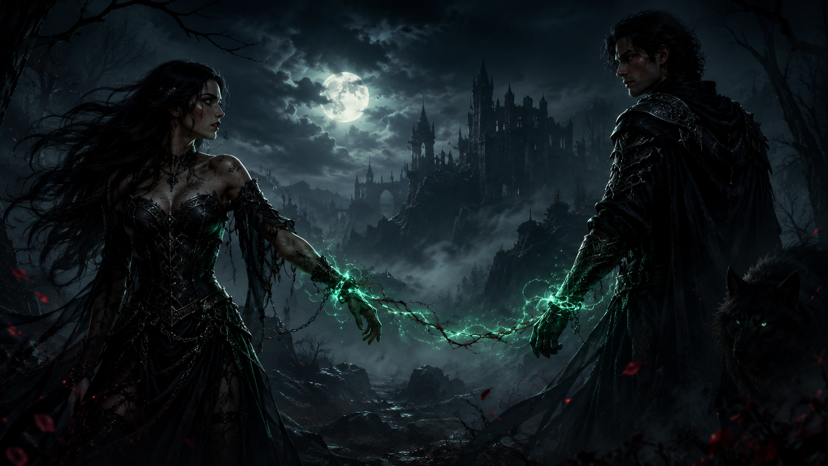 Dark fantasy couple connected by a glowing cursed bond beneath a moonlit castle.