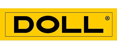 Gelbes Logo mit schwarzer Schrift, das Wort 'DOLL' zeigt.