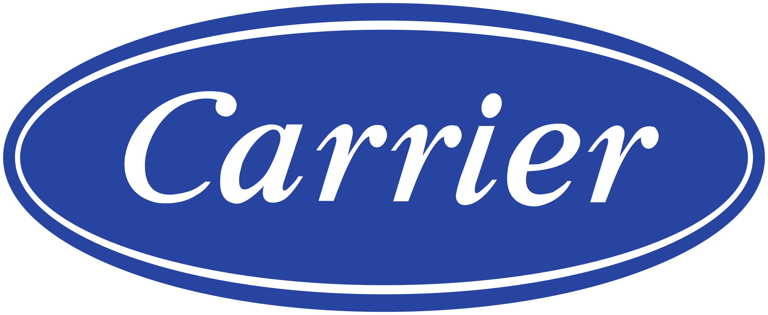 Der Markenname „Carrier“ in weißer Schrift auf einem blauen ovalen Hintergrund mit weißen Linien oben und unten.