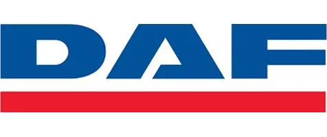 Das Logo der Firma DAF mit blauer Schrift und roter Linie darunter.