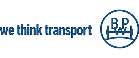 Text mit der Aussage "we think transport" und das B.P. Logo, das eine Brücke mit den Buchstaben 'B.P.' darüber zeigt.
