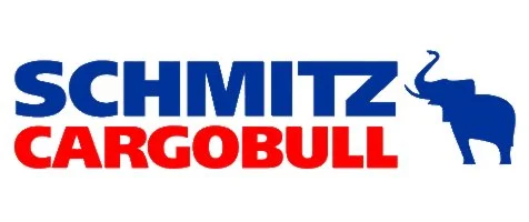 Logo von Schmitz Cargobull mit blauem Elefanten und rotem, blauem und weißem Schriftzug.