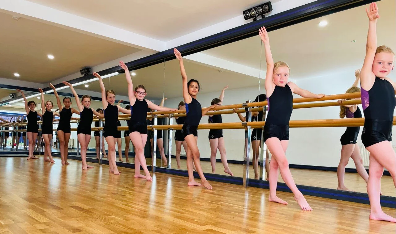 Young dancers practicing ballet at a barre in a mirrored studio, wearing black leotards.
