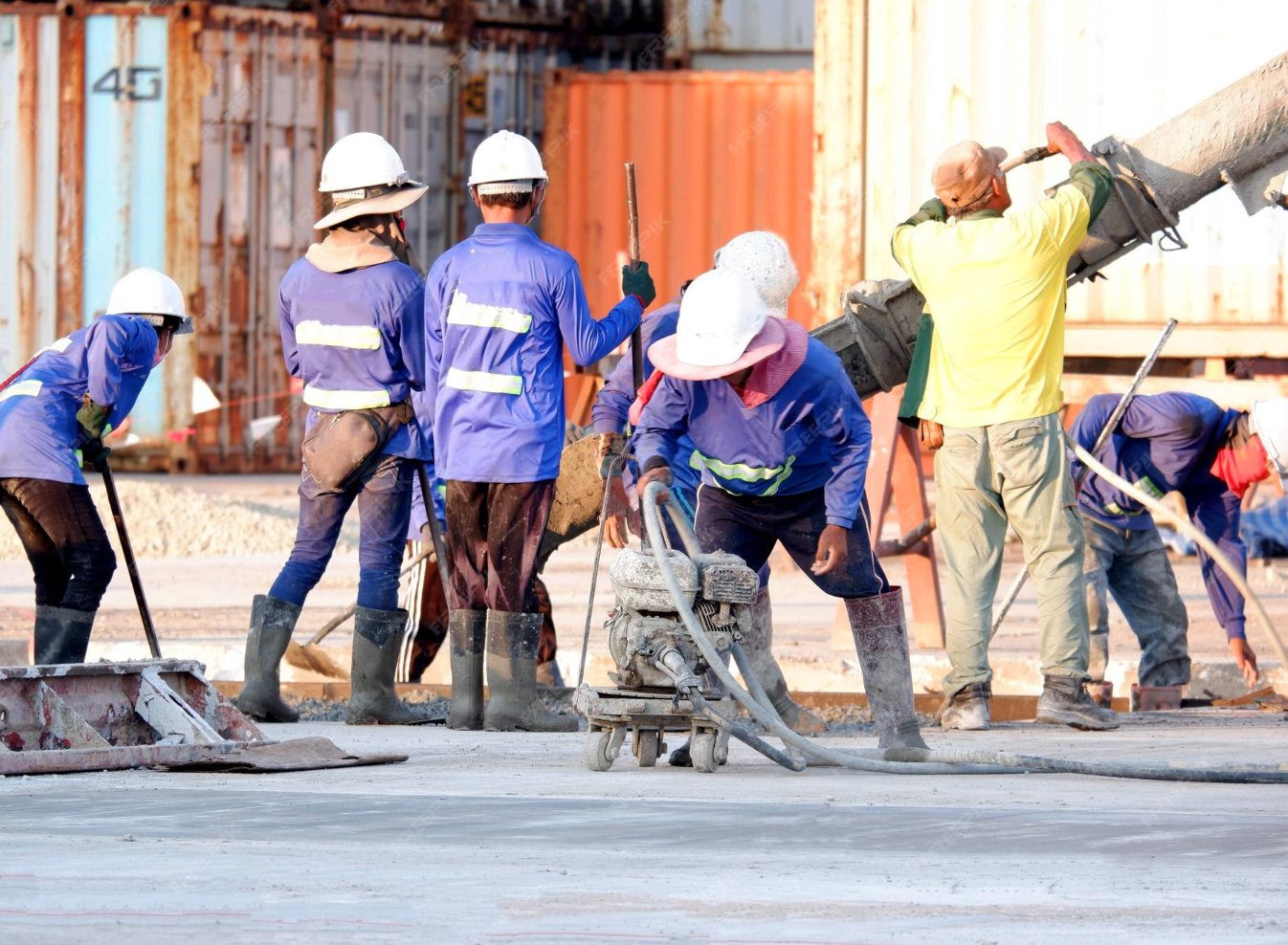 Construction workers pouring concrete on a job site, wearing safety gear including helmets and boots, with shipping containers in the background.