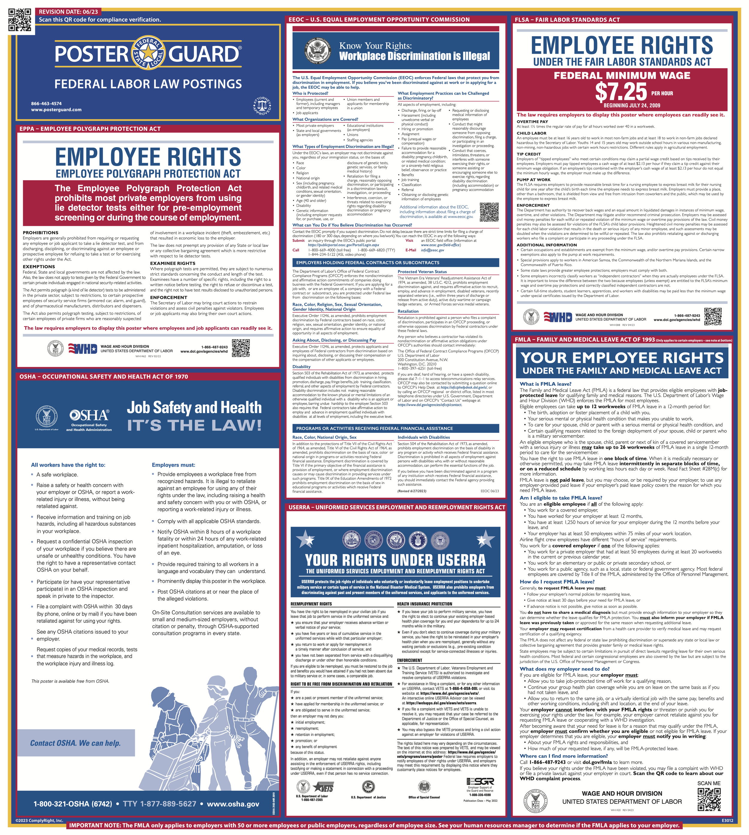 A detailed OSHA poster about federal labor law rights, job safety, and health regulations, including sections on employee rights, employer requirements, OSHA standards, and workplace safety protocols.