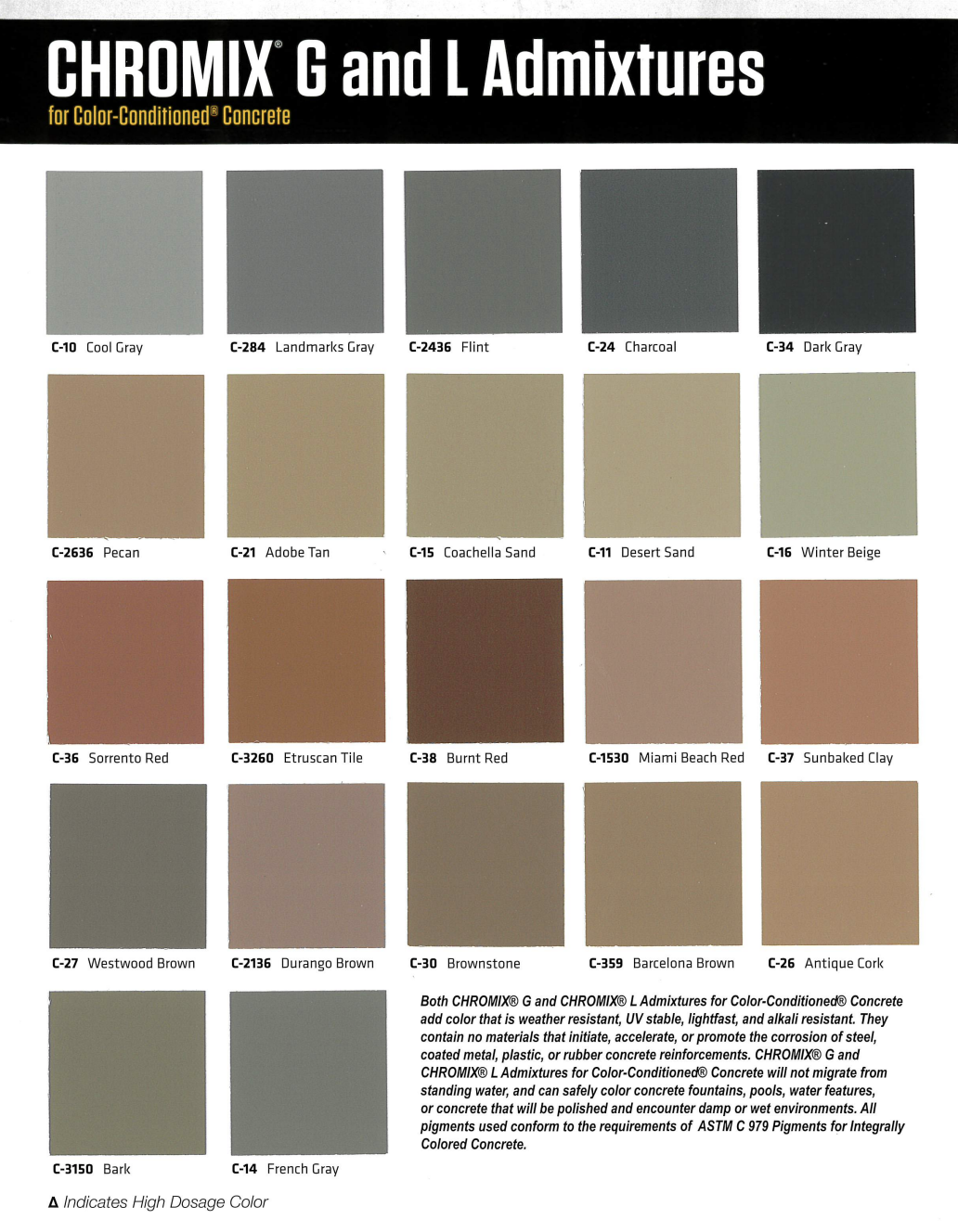 A chart of color samples for CHROMIX G and L admixtures for concrete, with names and codes for various shades of gray, sand, red, brown, and other earth tones.