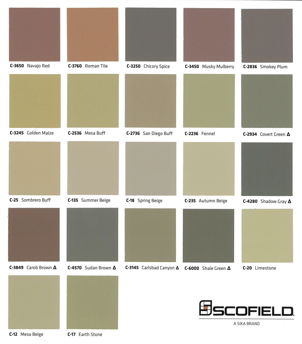Color sample chart with various shades of earth tones and greens, labeled with names like Navajo Red, Roman Tile, Chicory Spice, Musky Mulberry, Smokey Plum, Golden Maize, Mesa Buff, San Diego Buff, Fennel, Covert Green, and more. The chart includes the Scofield branding at the bottom right.
