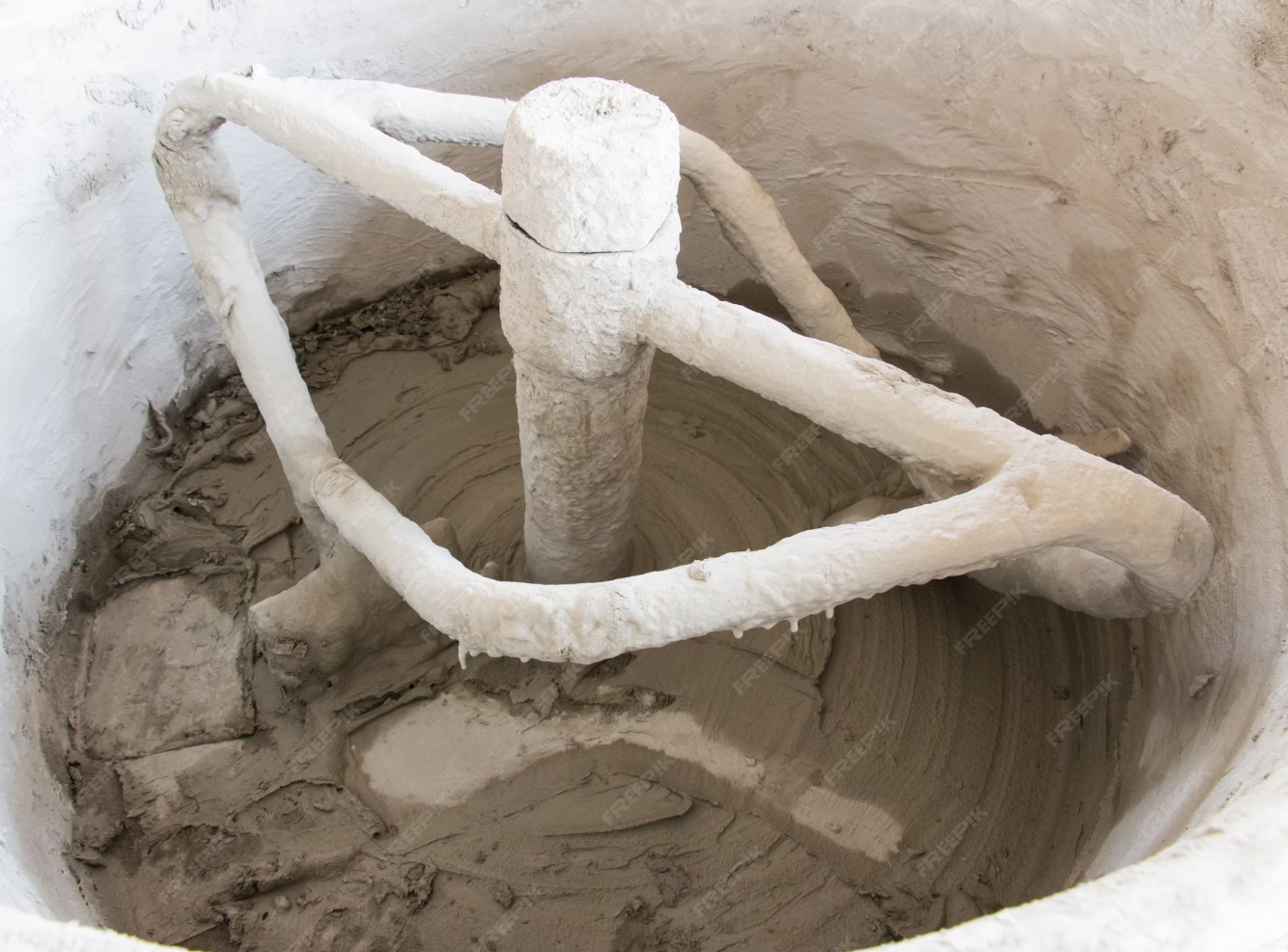 Ancient plastering tools inside an archaeological excavation site.