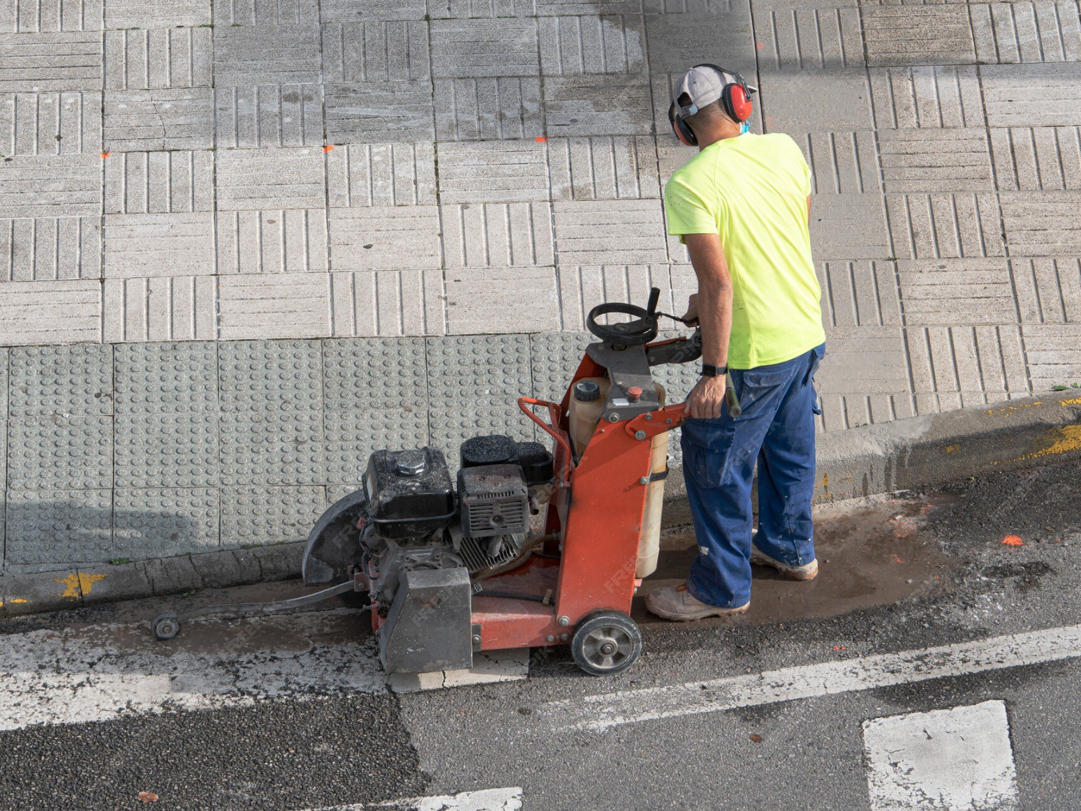Worker operating a line marking machine on a street pavement near the curb, wearing a neon yellow shirt, blue pants, a cap, and ear protection.