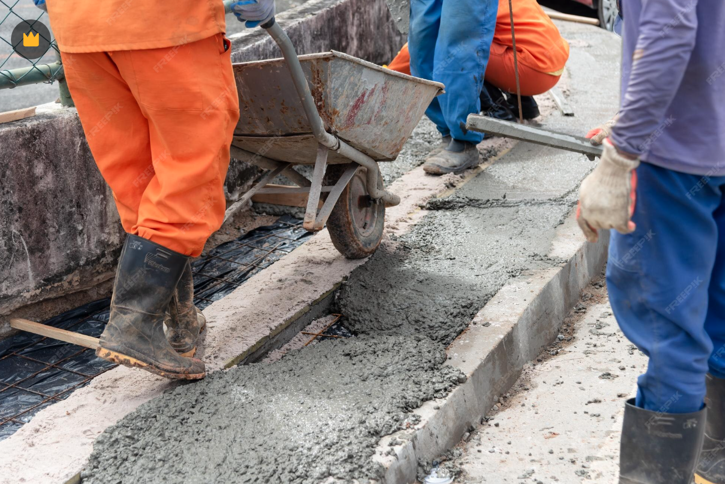 Construction workers laying concrete on a sidewalk, with a wheelbarrow and tools visible.