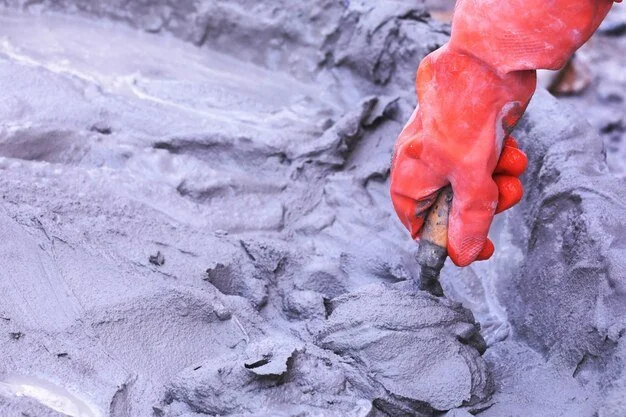 Close-up of a gloved hand using a small trowel to dig in gray sand or dirt.