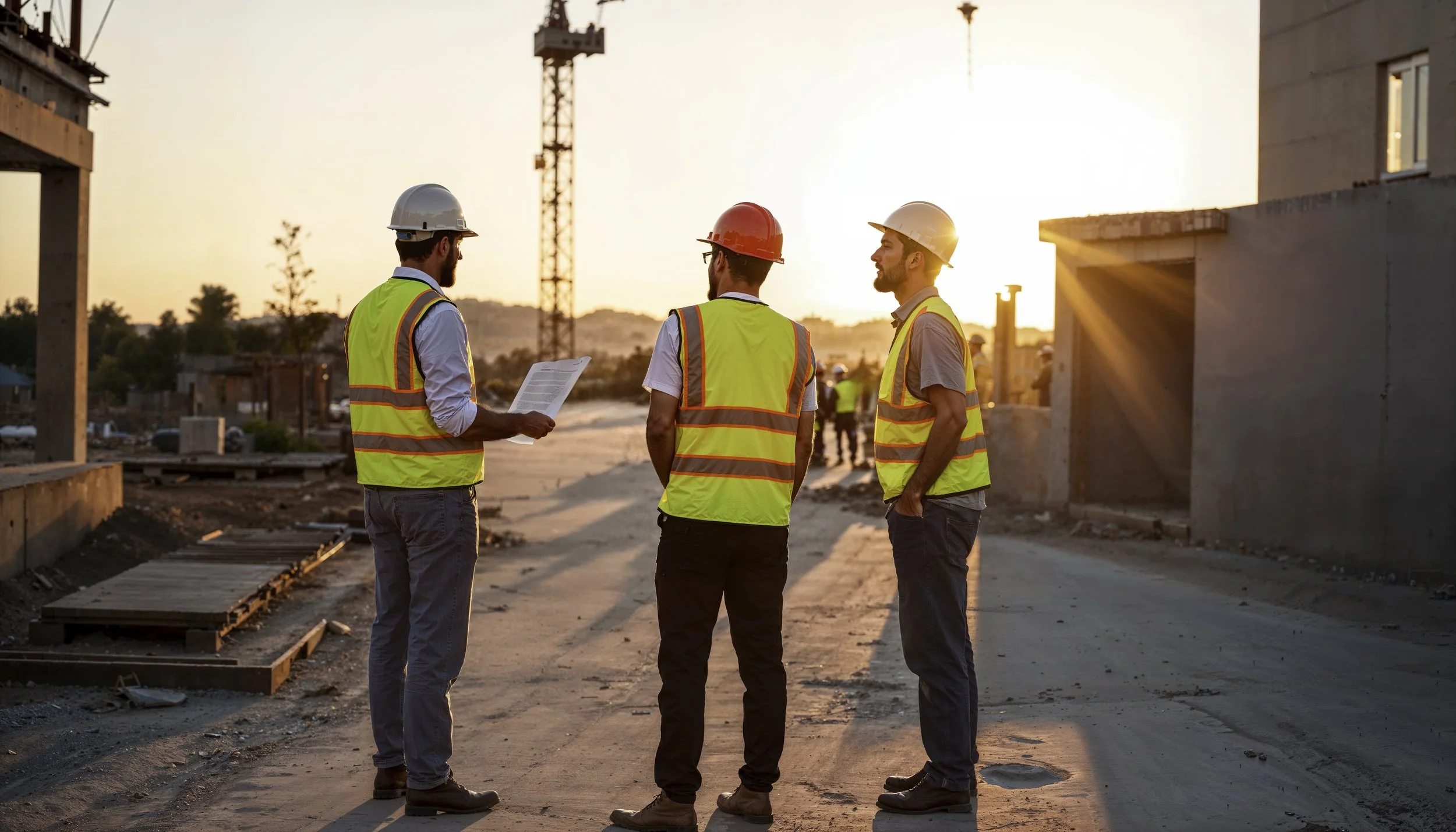 Three construction workers wearing safety vests and hard hats standing on a construction site during sunset, having a discussion.