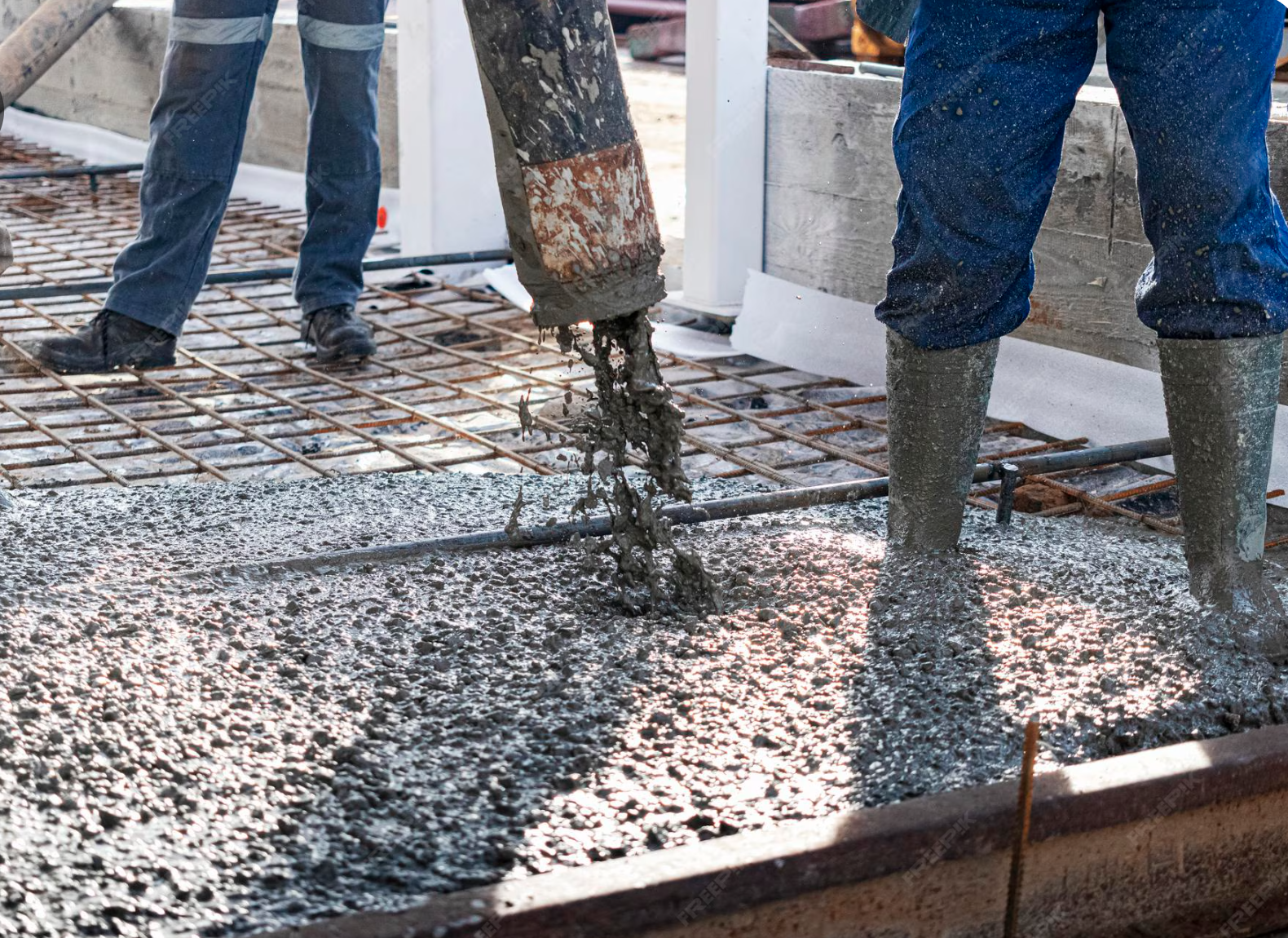 Workers pouring and spreading wet concrete on a construction site with rebar reinforcement and wearing protective boots.